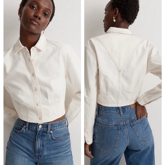 Madewell Denim Pleated Cropped Button Up Shirt Ivory Small - Picture 9 of 9